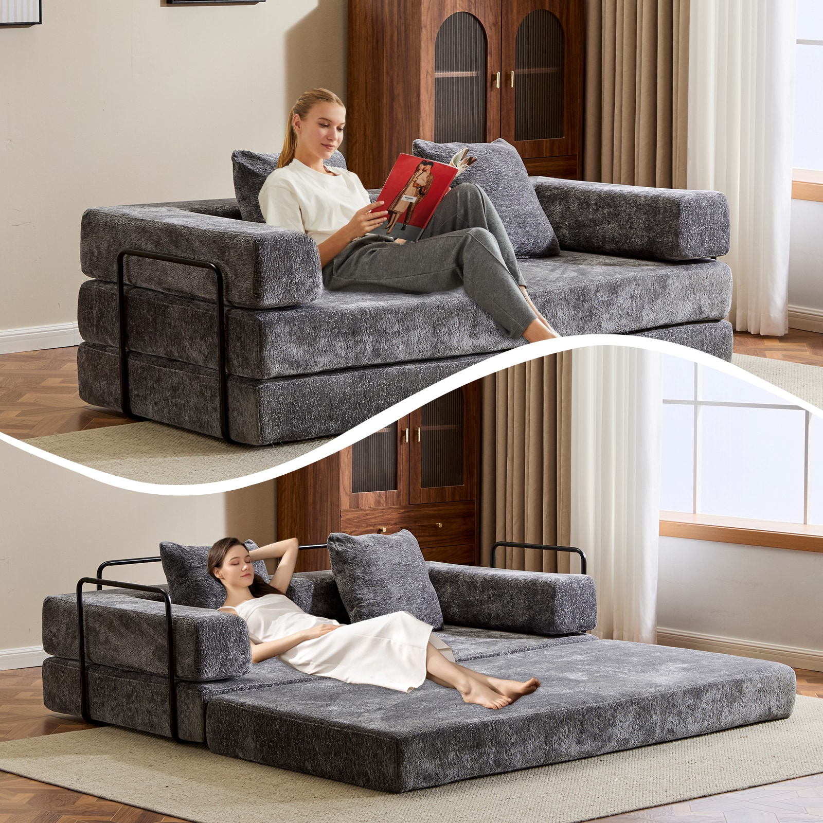 Floor Couch,Compression Sofa,Convertible Floor Sofa Bed-with Pillow Back Support Armrest,Comfy Futon Couch Lounge Sleeper Bed (DARK-GREY)_voghion.com